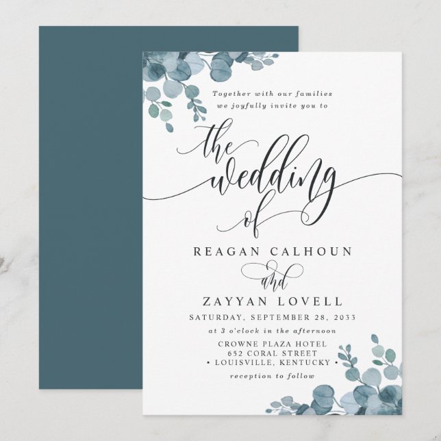 Dusty Blue Eucalyptus Greenery Wedding Invitation (Front/Back)