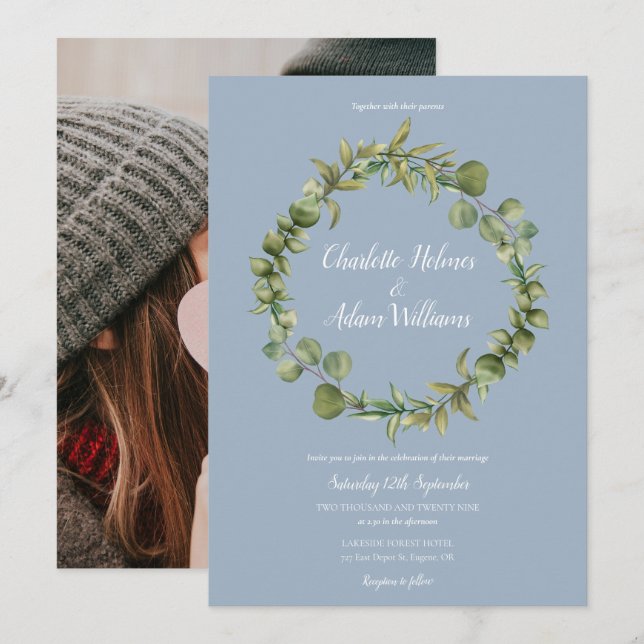 Dusty Blue Eucalyptus Greenery Wedding Photo Invitation (Front/Back)