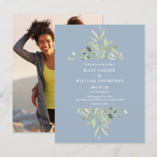 Dusty Blue Eucalyptus Greenery Wedding Photo Invitation Postcard