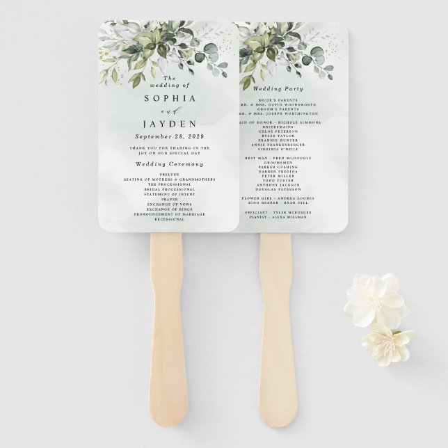 Dusty Blue Eucalyptus Greenery Wedding Programs Hand Fan (Front and Back)