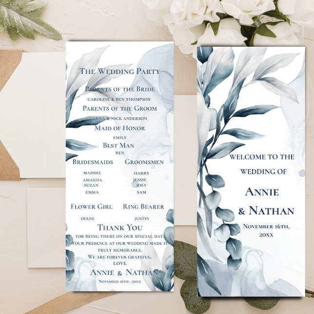 Dusty Blue Eucalyptus Leaves Wedding Program Invitation (Dusty Blue Eucalyptus Leaves Wedding Program)