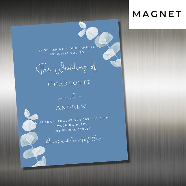 Dusty blue eucalyptus luxury wedding magnetic invitation (Creator Uploaded)