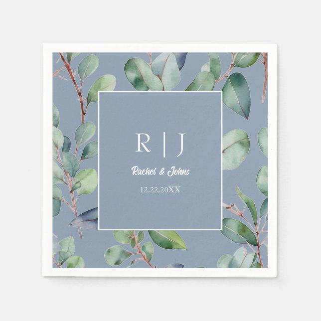 Dusty Blue Eucalyptus Monogram Greenery Wedding Napkin (Front)