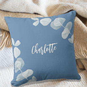 Dusty blue eucalyptus name script cushion