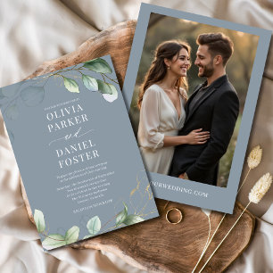 Dusty Blue Eucalyptus Photo Greenery Wedding Invitation