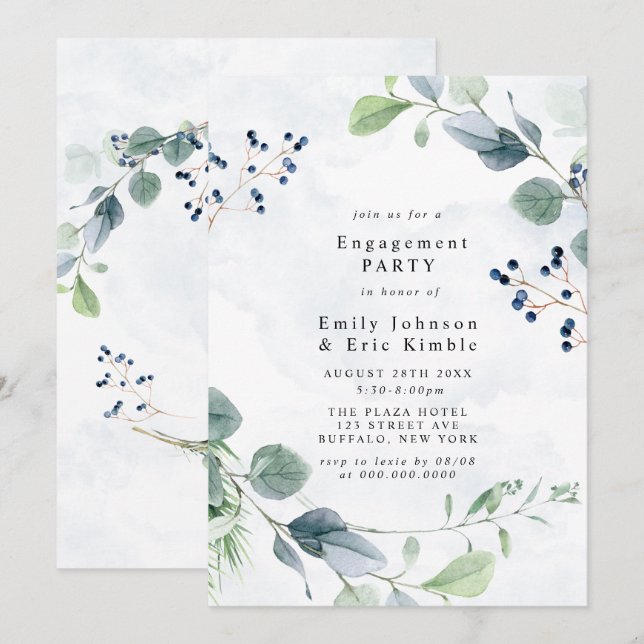 Dusty Blue Eucalyptus Rustic Engagement Party Invitation (Front/Back)