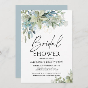 Dusty Blue Eucalyptus Script Bridal Shower Invitation