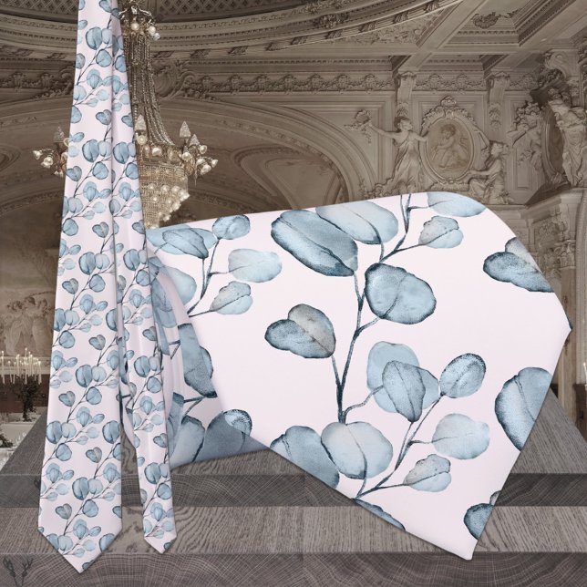 Dusty Blue Eucalyptus Sprigs Blush Pink Wedding Tie (Creator Uploaded)