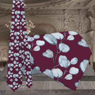 Dusty Blue Eucalyptus Sprigs Burgundy Wedding Tie