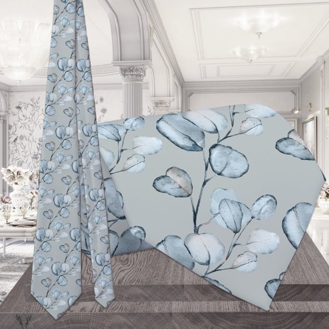 Dusty Blue Eucalyptus Sprigs Silver Sage Wedding Tie (Creator Uploaded)