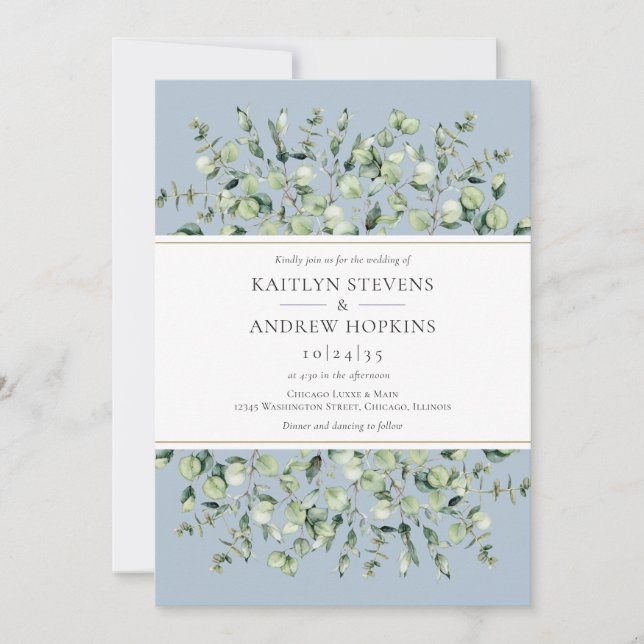 Dusty Blue Eucalyptus  Wedding Invitation (Front)