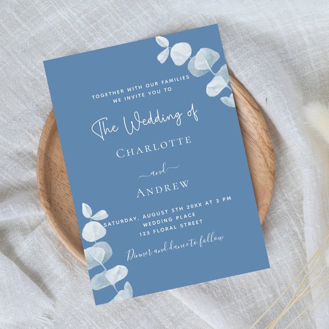 Dusty blue eucalyptus wedding invitation postcard (Creator Uploaded)