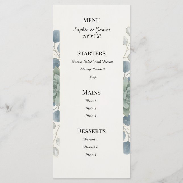 Dusty Blue Eucalyptus Wedding Menu (Front)