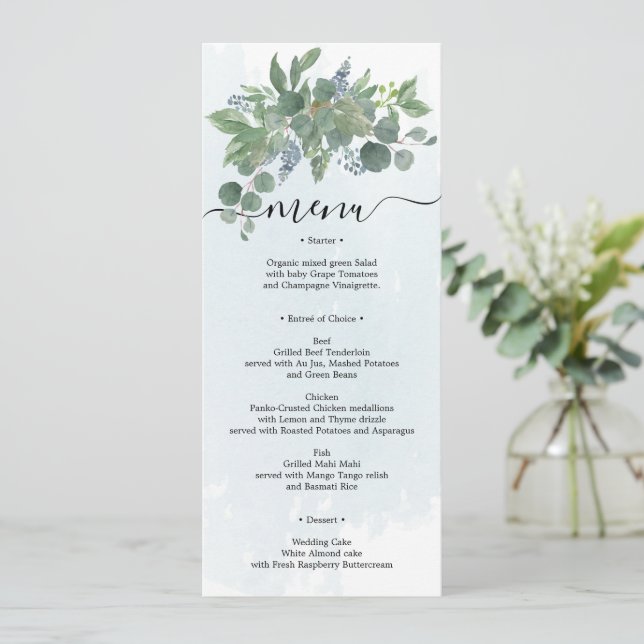 Dusty Blue Eucalyptus Wedding Menu Bridal Shower I Invitation (Standing Front)