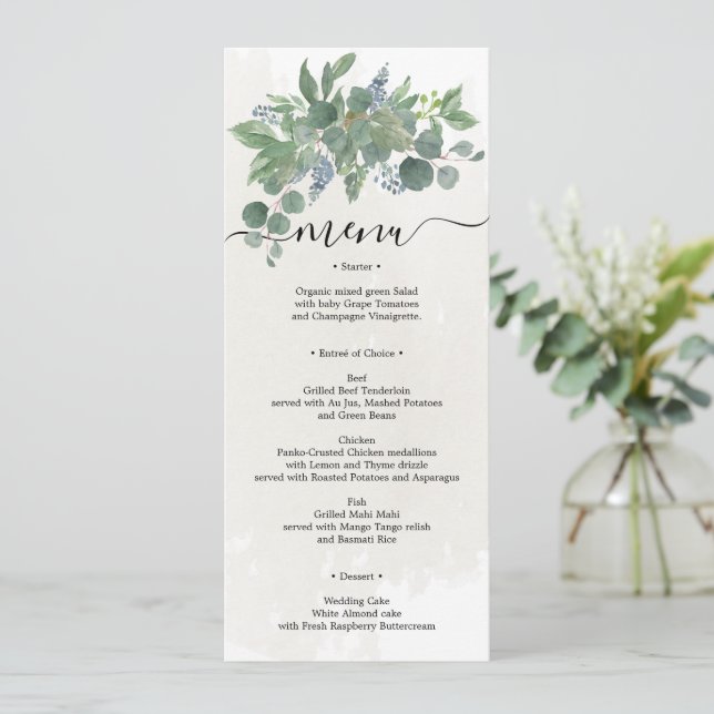 Dusty Blue Eucalyptus Wedding Menu Bridal Shower I Invitation (Standing Front)