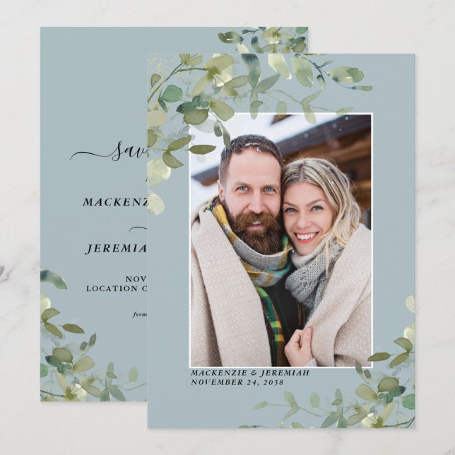 Dusty Blue Eucalyptus Wedding Photo Save the Date (Front/Back)