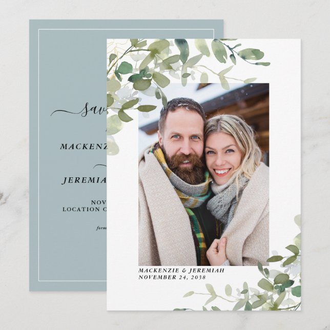 Dusty Blue Eucalyptus Wedding Photo Save the Date (Front/Back)