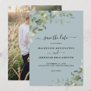 Dusty Blue Eucalyptus Wedding Photo Save the Date