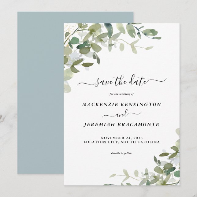 Dusty Blue Eucalyptus Wedding Save the Date (Front/Back)