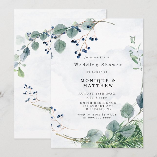Dusty Blue Eucalyptus Wedding Shower Invitations (Front/Back)