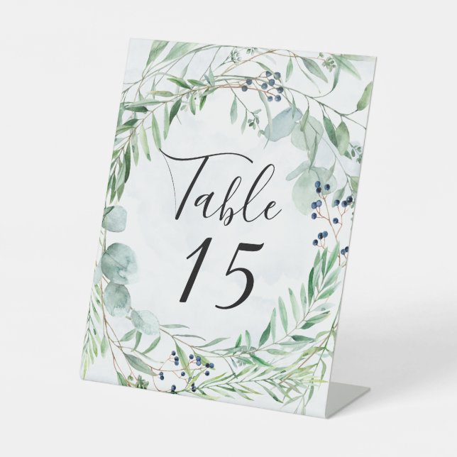 Dusty Blue Eucalyptus Wedding Table Number Pedestal Sign (Front)