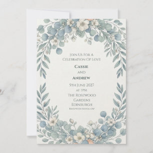 Dusty Blue Eucalyptus White Blossom Wedding Invitation