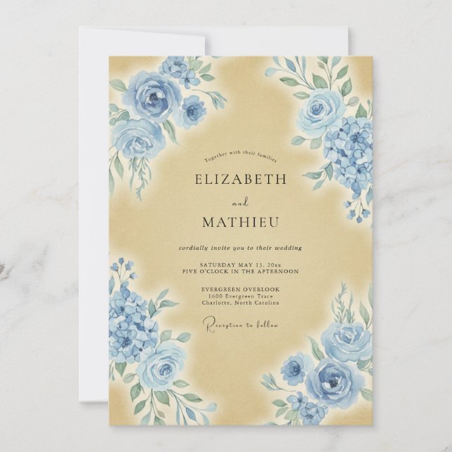 Dusty Blue Exquisite Vintage Wedding Invitation (Front)