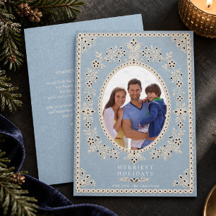 Dusty Blue Eyelet Embroidery Lace Photo Holiday Card