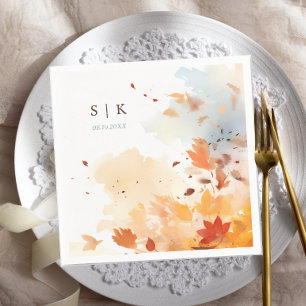 Dusty Blue Fall Leaves Monogram Wedding Napkin