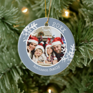 Dusty Blue Family Photo Snowflake Christmas Ceramic Tree Decoration