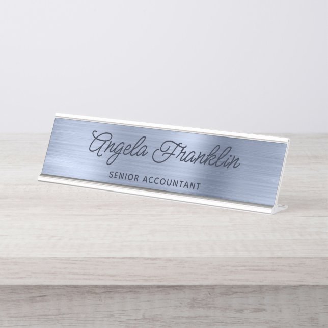 Dusty Blue Faux Metallic Foil Desk Name Plate (Front)