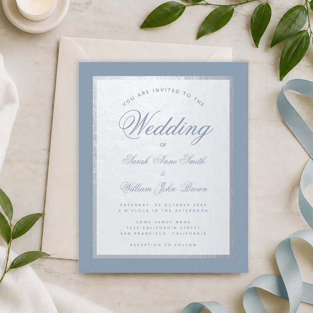 Dusty Blue Faux Silver Budget Wedding Invitation  (Creator Uploaded)