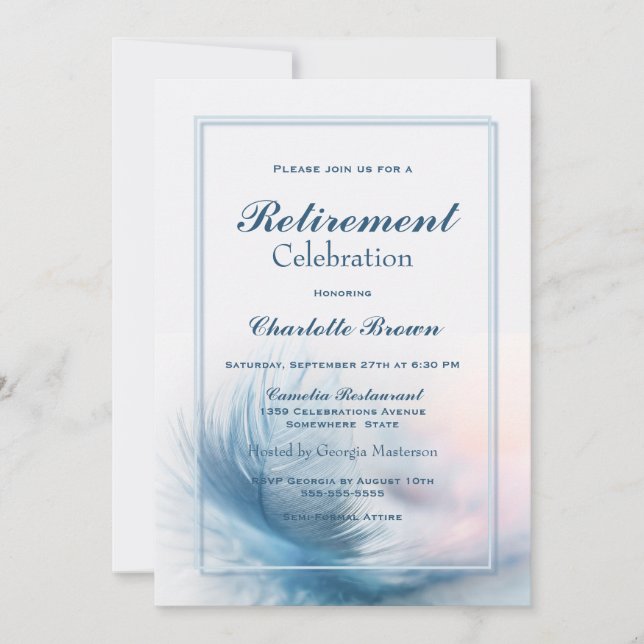 Dusty Blue Feather Retirement Celebration Invitation (Front)
