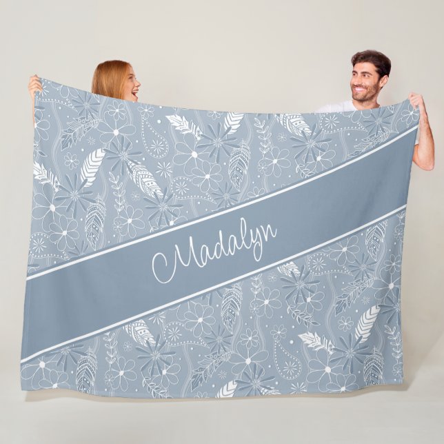 dusty blue feathers paislies floral doodle pattern fleece blanket (In Situ)
