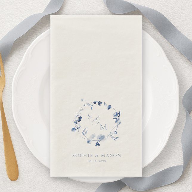 Dusty Blue Fine Art Floral Monogram Wedding Napkin (Creator Uploaded)