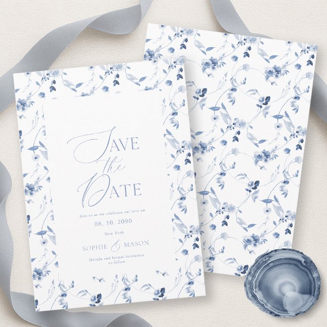 Dusty Blue Fine Art Floral Save the Date Card (Creator Uploaded)