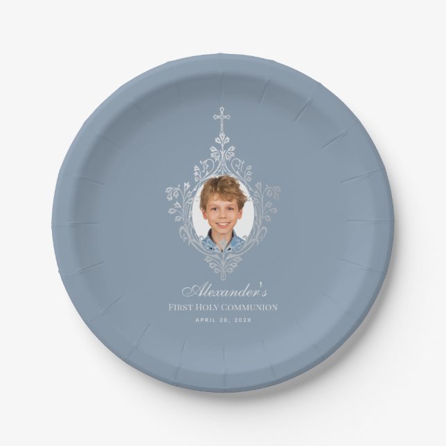 Dusty Blue First Communion Boy Photo Faux Silver Paper Plate (Front)