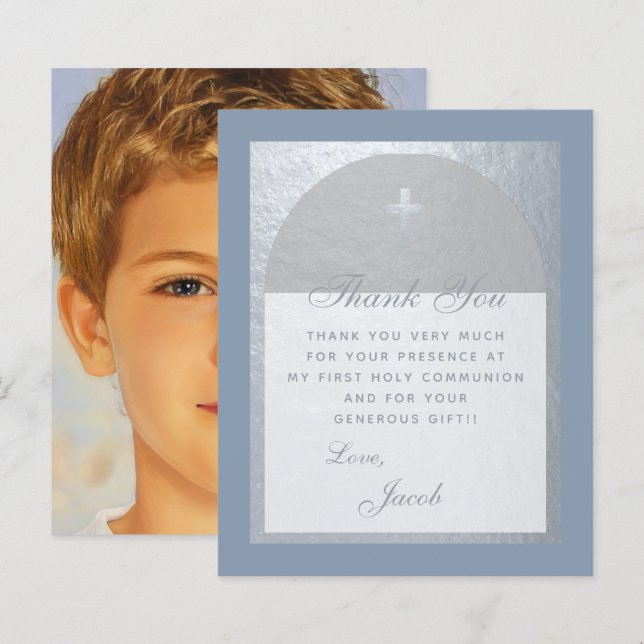 Dusty Blue First Communion Budget Thank You Card (Front/Back)