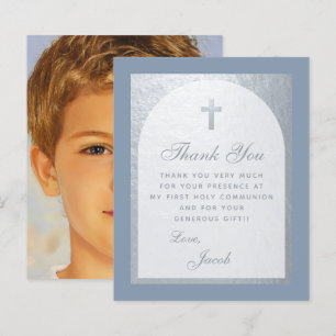 Dusty Blue First Communion Budget Thank You Card