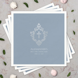 Dusty Blue First Communion Elegant Boy Crest Cross Napkin