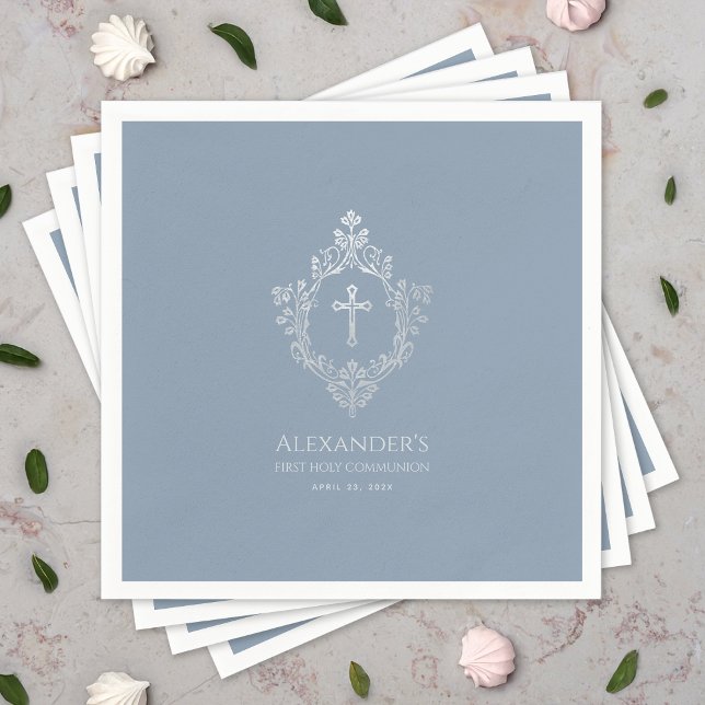 Dusty Blue First Communion Elegant Boy Crest Cross Napkin (Creator Uploaded)