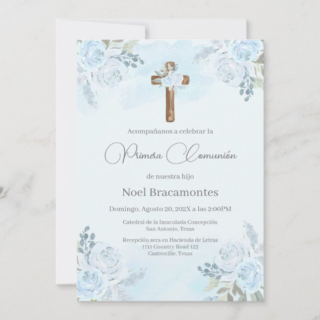 Dusty blue first communion invitation in spanish  (Front)
