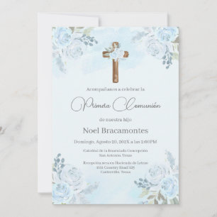 Dusty blue first communion invitation in spanish