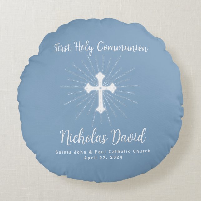 Dusty Blue First Communion with Cross Round Cushion (Front)