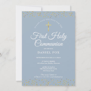 Dusty Blue First Holy Communion Gold Dust Save The Date