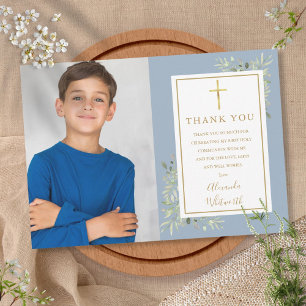 Dusty Blue First Holy Communion Greenery Photo Thank You Card