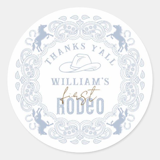 Dusty Blue First Rodeo Birthday Favour Sticker – W (Front)