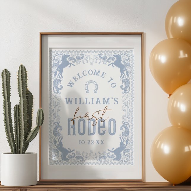 Dusty Blue First Rodeo Birthday Welcome Sign – Wes (Western Birthday Party Sign)