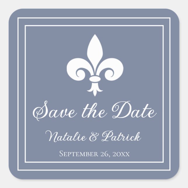 Dusty Blue Fleur de Lis Save the Date Stickers (Front)
