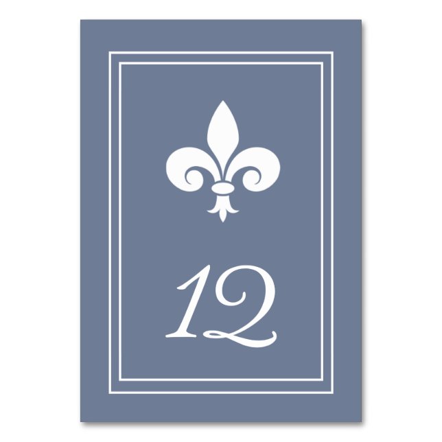 Dusty Blue Fleur de Lis Table Number Card (Front)